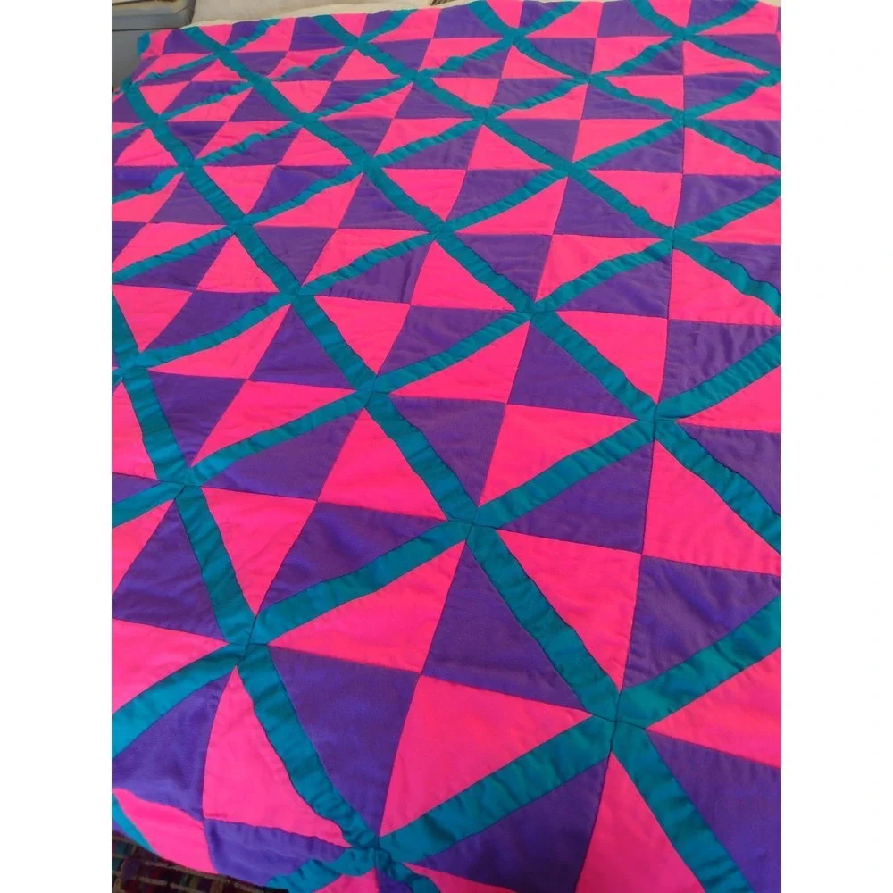 Vtg Neon 70s Cutter Quilt Blanket Handmade Solid Pink Purple Turquoise 60x60